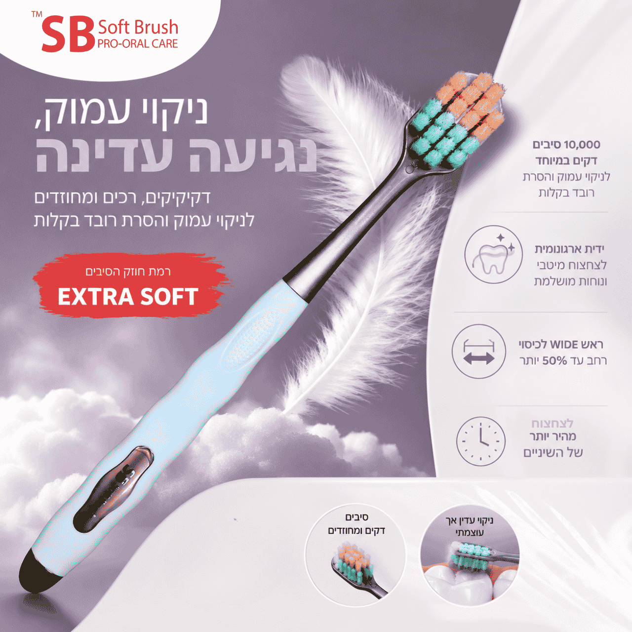 מברשת שיניים 10,000 סיבים דקים וגמישים לניקוי עמוק (2 יח')